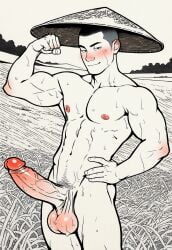 abs ai_generated asian asian_male balls bara big_balls big_penis blush gay male male_only muscular muscular_male nipples painting_(artwork) pecs penis sideburns sweat traditional_media_(artwork) yaoi