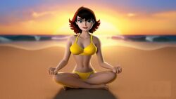 3d 3d_(artwork) 3d_render ai_generated ai_hands beach big_breasts bikini blue_eyes brown_hair janet_van_dyne marvel marvel_comics meditating meditation sitting sunset the_avengers:_earth's_mightiest_heroes wasp_(earth's_mightiest_heroes) wasp_(marvel) webart20 yellow_bikini