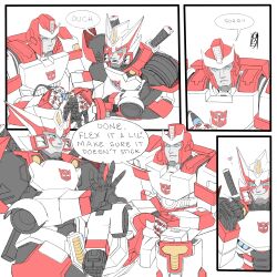 autobot autobot_insignia autobots blue_eyes comic comic_page comic_panel cute cute_smile dialogue dialogue_bubble drift_(transformers) fixing helping helping_hand male nuefass ratchet_(transformers) robot robot_alien robot_humanoid robot_male simple_background simple_coloring simple_shading speech_bubble sword transformers transformers_idw yaoi