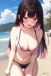 1girls ai_generated alufliniy beach big_breasts bikini blush breasts brown_hair exhibitionism flashing flashing_breasts hana_yomeguri long_hair multicolored_hair nipples pink_hair public public_nudity solo_female tagme thighs topless virtual_youtuber vtuber