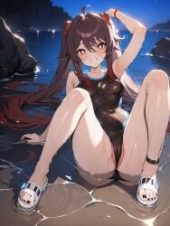 ai_generated genshin_impact hu_tao_(genshin_impact) long_hair ministro nipples_peek on_water pussy_peek red_eyes swimsuit twintails water