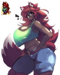 brown_eyes dark-skinned_female dark_skin dierelc fox fox_ears fox_tail huge_breasts kitsune paralleldier red_hair tagme terraria zoologist_(terraria)