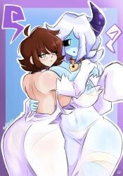 2girls bandage bandages big_ass big_breasts big_butt black_sclera blue_skin brown_hair clothed clothing female_only ghost ghost_girl heart_locket hi_res highres horn hug hugging human koishiko_(artist) koisu_(artist) lingerie mery_(koishiko) morgdrewzz morgita_(morgdrewzz) one_horn original_character original_characters simple_background white_eyes white_hair white_skin yellow_eyes