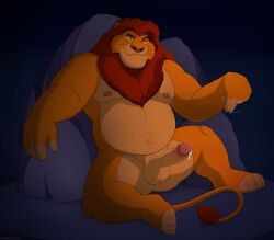 2019 absurd_res against_surface anthro ass balls barazoku beckoning bedroom_eyes bodily_fluids butt_from_the_front disney ejaculation erection ethancostas felid genital_fluids genitals gesture hand_gesture hi_res humanoid_genitalia humanoid_penis inviting lion looking_at_viewer male male_focus male_only mammal mane mature_male mufasa musclegut muscular narrowed_eyes nude_male pantherine pecs penis plantigrade pointing precum red_mane rock seductive sitting slightly_chubby slightly_chubby_male smile smiling_at_viewer solo spread_legs spreading stocky tail the_lion_king turn_around_gesture