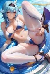 1girls ai_generated big_ass big_breasts bikini blue_hair eula_(genshin_impact) genshin_impact pool smile spread_legs swimming_pool thick_thighs thighs thighs_grab yellow_eyes