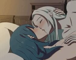 2girls animated animated_gif bed blush breast_grab breasts byleth_(fire_emblem) byleth_(fire_emblem)_(female) closed_eyes edelgard_von_hresvelg em's_moon ems_moon fire_emblem fire_emblem:_three_houses fondling_breast gif kissing loop lying nintendo teal_hair white_hair yuri