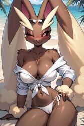 ai_generated beach bikini bikini_bottom bikini_top blush cameltoe cleavage female female_focus female_only fluffy_ears furry furry_female furry_tail hand_on_hip horny lopunny navel open_clothing pink_eyes pokémon_(species) pokemon pokemon_(species) pose posing posing_for_the_viewer sea sitting smile smiling smiling_at_viewer sunglasses sunglasses_on_head thalaria!! thin_waist wink winking winking_at_viewer