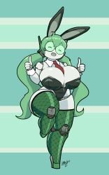 :d big_breasts bit_(zedrin) bunny_ears bunnysuit fishnets glasses green_hair robot robot_girl thumbs_up tie twintails zedrin |d