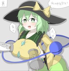 big_breasts blush blushing breast_milking breasts_out_of_clothes clothed clothed_female green_eyes green_hair hat koishi_komeiji lactation lactation_through_clothes milk milking milking_machine moaning moaning_in_pleasure third_eye touhou