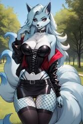 ai_generated big_breasts big_butt black_corset black_miniskirt black_nail_polish black_thong choker cleavage collar corset female_focus female_only fishnets fox_girl furry furry_ears furry_female furry_tail goth goth_clothing goth_girl long_hair looking_at_viewer makeup navel nine_tailed_fox ninetales off_shoulder park perfect_body pok&eacute;mon_(species) pokemon pokemon pokemon_(species) standing stockings thalaria!! thin_waist thong white_body white_fur white_hair