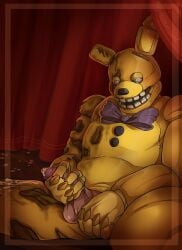 2023 bowtie bunny bunny_costume bunny_ears bunnysuit buttons cock color colored costume cum cum_on_body cum_on_leg cum_on_thigh cumming curtains damaged dick eyes_half_open five_nights_at_freddy&#039;s fnaf gay half-closed_eyes hand_between_legs hand_on_penis holding_penis jerking jerking_off jerkingoff lagomorph leaning leaning_back legs_apart legs_spread leporid looking_at_viewer male_only masturbating masturbation open_mouth penis penis_out pink_penis rabbit rabbit_ears repressed_youth scottgames sitting sitting_down solo solo_male spring_bonnie spring_bonnie_(fnaf) springtrap springtrap_(fnaf) teeth william_afton yellow_body