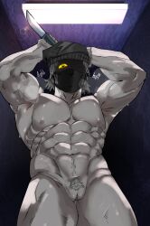 1boy 8:11_(visual_novel) bara basilio_dante cuntboy cuntboy_focus cuntboy_only daddy dilf intersex knife leaking male male_focus male_only masked_male mature_cuntboy muscular muscular_male pale-skinned_male pale_skin pussy pussy_juice_drip pussy_juice_string pussy_juice_trail solo solo_focus tagme wet_pussy