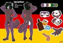 ailurid anthro balls black_claws black_hair chain_piercing character_name claws colored ear_piercing ear_ring facial_piercing flat_colors front_view fur fur_markings genitals hair hi_res highlights_(coloring) male male_only mammal markings model_sheet nipple_piercing nipples nose_piercing nose_ring nude one_eye_obstructed penis piercing plantigrade pubes rear_view red_panda ring_piercing sharp_teeth solo solo_male striped_markings striped_tail stripes tail tail_markings teeth