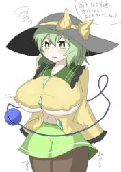 big_breasts blush blushing breasts_out_of_clothes clothed clothed_female green_eyes green_hair hat koishi_komeiji third_eye touhou