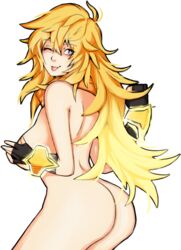 ass blonde_hair breasts female gloves hair human large_breasts long_hair nipples nude purple_eyes rwby solo tabletorgy yang_xiao_long