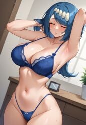 1girls ai_generated big_breasts blue_eyes blue_hair bra breasts cleavage female freckles freckles_on_face gastkeser82 huge_breasts human_only lana's_mother_(pokemon) large_breasts lingerie mature_female milf mommy navel panties peeping pokemon spying spying_on_mom spying_pov stomach sweat sweatdrop sweating underwear underwear_only undressing voluptuous voyeur voyeurism