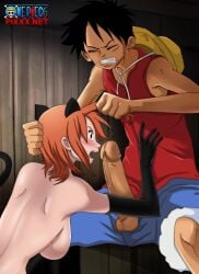 big_breasts big_penis cat_ears catgirl erection female hair_pull hair_pulling halloween large_penis male monkey_d_luffy nami nami_(classic) one_piece one_piece_pixxx orange_hair pulling_hair rubbing_penis