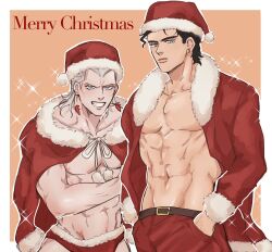 2boys black_hair christmas christmas_clothing christmas_outfit hands_in_pockets jean_pierre_polnareff jojo's_bizarre_adventure jotaro_kujo looking_at_viewer male male/male male_only merry_christmas muscular_male santa_costume santa_hat shirtless shirtless_male smile stardust_crusaders