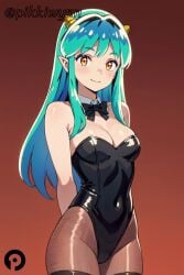 ai_generated aqua_hair arms_behind_back bare_shoulders black_bow black_bowtie black_leotard black_pantyhose bow bowtie breasts cleavage cowboy_shot detached_collar female fishnets gradient gradient_background green_hair horns leotard long_hair looking_at_viewer lum medium_breasts oni oni_horns orange_eyes pantyhose pikkiwynn playboy_bunny pointy_ears red_background simple_background smile solo strapless strapless_leotard urusei_yatsura yellow_eyes