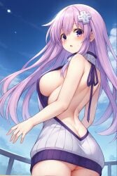 ai_generated bare_back blush breasts from_behind light_skin long_hair looking_at_viewer looking_back nepgear neptunia_(series) open_mouth purple_eyes purple_hair sideboob solo virgin_killer_sweater