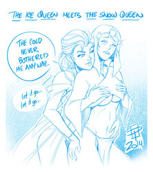 callmepo crossover disney elsa_(frozen) female frozen_(film) monochrome multiple_girls oglaf snow_queen webcomic yuri