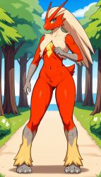 1girls 2024 ai_generated anthro ass_visible_through_thighs avian blaziken blue_eyes confused curvy_female curvy_figure digitigrade female female_only generation_3_pokemon hi_res inner_sideboob innie_pussy looking_at_viewer nintendo nude nude_female outdoors pokemon pokemon_(species) pussy red_body yellow_sclera