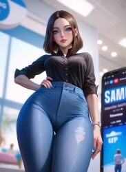 3d ai_generated female from_below jeans looking_at_viewer samsung samsung_sam solo thick_thighs tight_clothing wide_hips