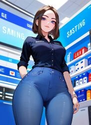 2d ai_generated from_below jeans looking_at_viewer samsung samsung_sam smile thick_thighs tight_clothing wide_hips