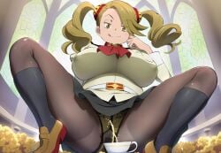 ai_generated bare_legs beige_hair brown_eyes erect_nipples gigantic_breasts golden_shower gundam_build_fighters_try huge_breasts huge_thighs in_search_of_holy_water light-skinned_female light_skin looking_down low-angle_view massive_breasts nipples_visible_through_clothing panties pantyhose peeing peeing_in_cup peeing_into_container peeing_on_viewer sazaki_kaoruko school_uniform schoolgirl smiling solo_female squatting stockings sweat sweatdrop thick_body thick_female thick_thighs thighhighs thighs twintails urinating urinating_female urination urine voluptuous voluptuous_female