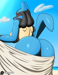 absurd_res anthro anus ass barely_visible_genitalia barely_visible_pussy big_butt blue_body blue_fur bodily_fluids breasts detailed_background female fur generation_4_pokemon genitals hi_res looking_at_viewer looking_back lucario mammal nintendo pokémon_(species) pokemon pokemon_(species) pussy r3ptart rear_view red_eyes solo sweat towel towel_around_waist