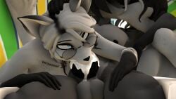 3d_(artwork) 3d_render abby_(domibun) alba_(domibun) anthro balls beach big_balls big_dick big_penis blowjob breasts canine canine_penis cum erection eye_roll female filled_cheeks furchev genitals grabbing_arm hand_on_head hand_on_head_blowjob hand_on_thigh kissing knot kole_(domibun) long_hair male milf mouth_full_of_cum mouthful muscles naked penis pussy sfm source_filmmaker tattoo threesome trio umbrella vagina voluptuous voluptuous_female wolf