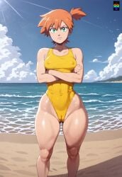 ai_generated big_ass bubble_butt cameltoe cute_face d-art_style jiggle misty_(pokemon) pokemon repartz small_breasts thick_thighs tight_clothing yellow_swimsuit