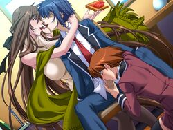 1boy 2girls black_hair blue_eyes blue_hair blush breasts brown_hair censored chair fellatio food game_cg green_eyes highres kissing large_breasts long_hair open_mouth oral penis saiminjutsu_2 school_uniform short_hair sitting threesome tongue yoshino_keiko