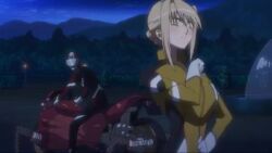 1girls accidental_exposure areola_slip blonde_hair bodysuit bursting_breasts huge_breasts light-skinned_female motorcycle official_art princess_lover screencap screenshot shorter_than_30_seconds silvia_van_hossen solo_focus surprised tagme tight_clothing video