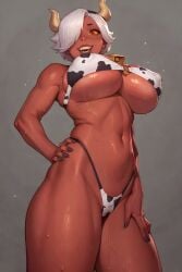 1girls ai_generated bell big_breasts bikini black_nails bra brawl_stars colette_(brawl_stars) covered_nipples cow_print demon_horns fangs female female_only from_below grey_background hair_over_one_eye hand_on_hip large_breasts navel red_body red_eyes red_skin short_hair smile solo solo_female standing sweat teeth thong trixie_colette_(brawl_stars) underboob white_hair yellow_sclera