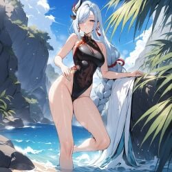 ai_generated beach genshin_impact ministro one-piece_swimsuit rock shenhe_(genshin_impact) swimsuit water wet