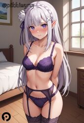 ai_generated arms_behind_back bangs bare_shoulders bed bedroom black_thighhighs blunt_bangs blush bra braid breasts cleavage closed_mouth collarbone cowboy_shot crown_braid emilia_(re:zero) female flower garter_belt grey_hair hair_flower hair_ornament hair_ribbon indoors lingerie long_hair looking_at_viewer medium_breasts navel on_bed panties pikkiwynn pillow pointy_ears purple_bra purple_eyes purple_panties purple_ribbon re:zero_kara_hajimeru_isekai_seikatsu ribbon solo stomach sweatdrop thighhighs thighs underwear underwear_only white_flower white_hair window x_hair_ornament