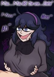 1boy 1girls absurdres black_hair breasts crazy_eyes crazy_smile dress female hex_maniac_(pokemon) highres huge_breasts jimsters_revenge large_breasts long_hair paizuri pokemon purple_eyes purple_hair smile