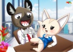 1boy 1girls aggressive_retsuko aggretsuko anthro bbmbbf blush bottomless female fennec fenneko fur34 furry haida haida_(aggretsuko) hyena male male/female open_mouth palcomix pussy sanrio sharp_teeth teeth tongue