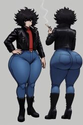 1boy 1male ai_generated ass ass_cleavage ass_focus big_ass big_balls big_butt biker black_hair cigarette colored femboy hands_on_hips huge_ass jeans leather_boots looking_at_viewer looking_back male male_focus male_only red_shirt smoking thick_ass thick_thighs