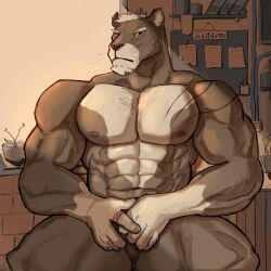 abs angry anthro big_chest black_sclera brown_body covering covering_crotch felid feline male mammal muscular muscular_anthro muscular_male nipples pecs ring rolenzoart solo