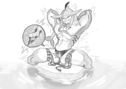 anthro balls bara big_penis breath_of_the_wild genital_slit hands_behind_head inside_view male male_only monochrome nintendo penis pigeonpantonium sidon_(zelda) sitting solo solo_male spread_legs the_legend_of_zelda vibrator vibrator_in_slit zora