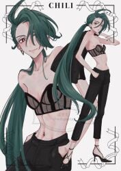 bra green_hair high_heels mtkpasta navel navel_piercing pokemon rika_(pokemon) small_breasts thin