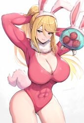 1girls abs athletic_female big_breasts blonde_hair breasts bunny_ears bunnysuit cleavage fit_female gonzarez huge_breasts large_breasts light-skinned_female metroid metroid_(creature) muscular muscular_female nintendo ponytail samus_aran slim_waist solo_female thick_thighs white_background wide_hips