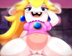 1boy 1girls 2024 ai_generated bedroom_eyes blonde_hair blush bottomless bunny_ears clothing cowgirl_position crossover cum cum_inside earrings eye_contact genitals half-closed_eyes lagomorph male_human/female_anthro mammal mario_(series) mario_+_rabbids mario_+_rabbids:_kingdom_battle motion_lines navel nintendo pov princess_peach_(cosplay) rabbid rabbid_peach rabbit raving_rabbids slightly_chubby sweat ubisoft vaginal_penetration vaginal_penetration