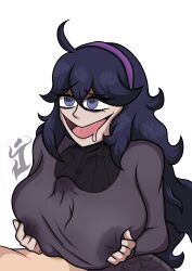 1boy 1girls absurdres black_hair breasts crazy_eyes crazy_smile dress hex_maniac_(pokemon) highres huge_breasts jimsters_revenge large_breasts long_hair paizuri pokemon purple_eyes purple_hair smile white_background