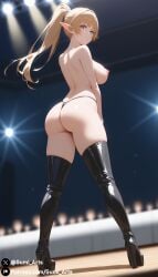 1girls ai_generated ass ass_focus back_view black_clothing blue_eyes dungeon_ni_deai_wo_motomeru_no_wa_machigatteiru_darou_ka elf elf_ears elf_female elf_girl female female_only gumi_arts high_heel_boots high_heels large_ass large_breasts lefiya_viridis light-skinned_female long_ears long_hair looking_at_viewer looking_back naked nipples orange_hair ponytail sideboob slutty_clothing slutty_outfit smile smiling smiling_at_viewer thick_ass thick_legs thick_thighs thong