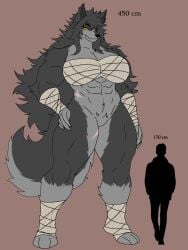 1girls abs anonymous_male anthro bandaged_arm bandaged_breasts bandaged_chest bandaged_leg bandages big_breasts bottomless canid canine claws fang_out furry hairy larger_female long_hair muscular_female paws scars tagme tail tail_tuft taller_girl thick_thighs wolf wolf_girl x_argos_x