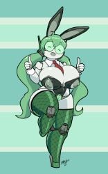 big_breasts bit_(zedrin) bunny_ears bunnysuit fishnets glasses green_hair nipples pussy robot robot_girl thumbs_up tie twintails wardrobe_malfunction zedrin |d