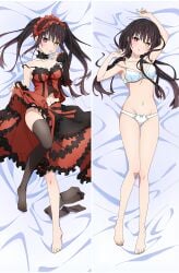 armpits arms_up bare_arms bare_belly bare_legs bare_shoulders bare_thighs barefoot bed_sheet belly_button black_hair blush body_blush bra breasts cleavage closed_mouth collarbone dakimakura dakimakura_design date_a_live feet gothic_lolita heterochromia holding_skirt long_hair lying maid_headdress medium_breasts official_art one_thighhigh open_mouth panties shiny_skin skirt smile strap_slip thighhighs_removed thighs toes tokisaki_kurumi underwear underwear_only white_bra white_panties white_underwear zettai_ryouiki